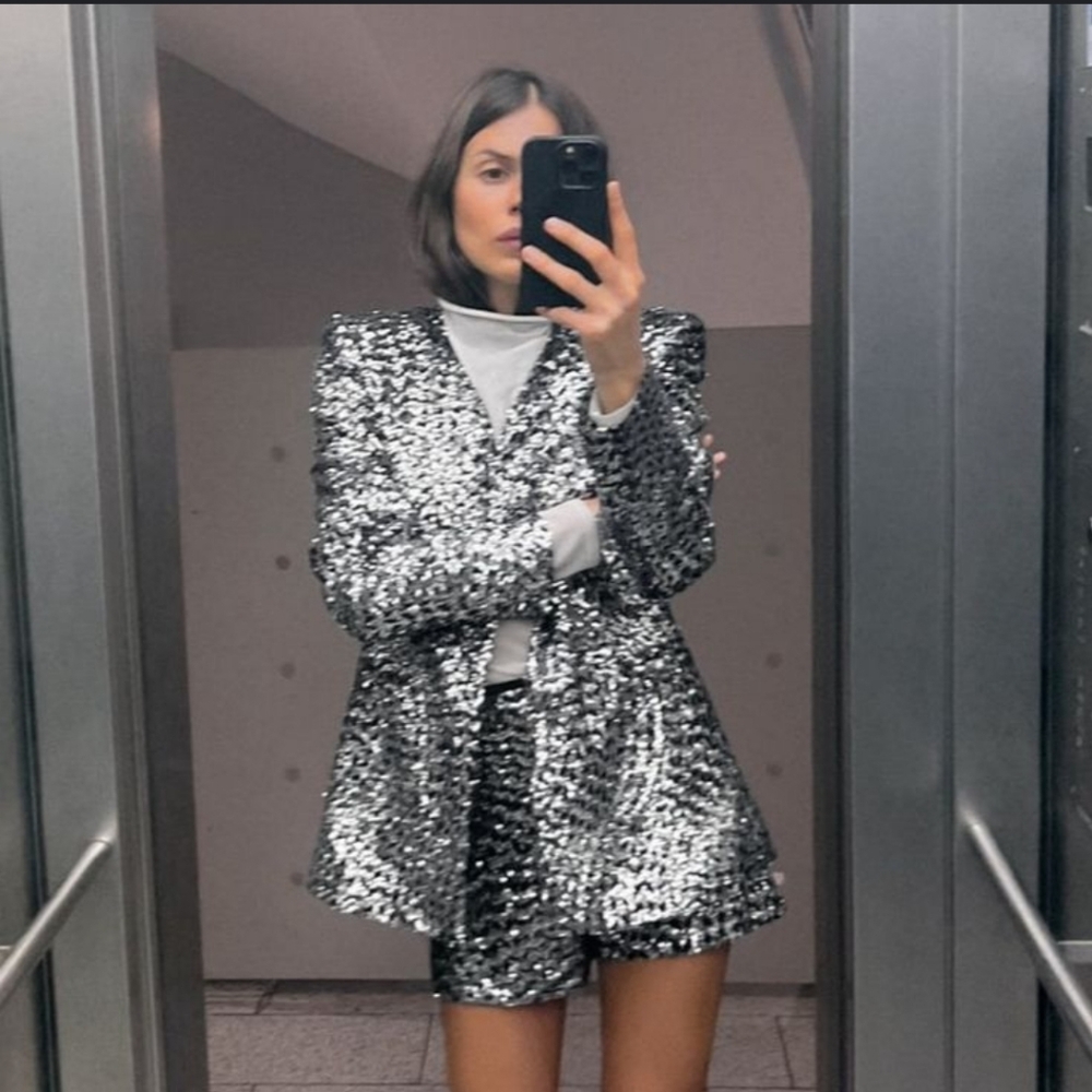 ZARA Set 2pc Matching Sequin Blazer & Shorts Silver Size S and M